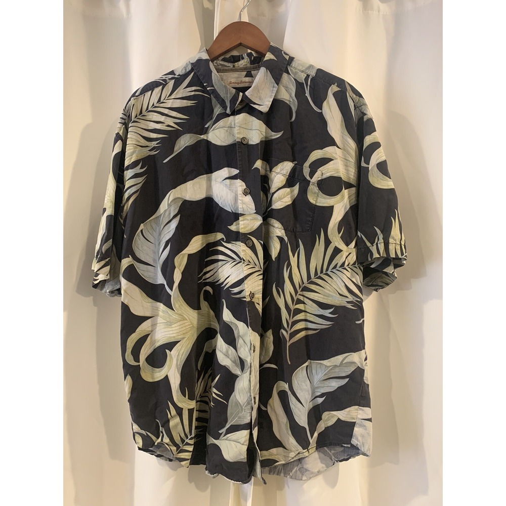 Tommy Bahama Mens 2XL XXL Black Short Sleeve Hawaiian Camp 100% Silk Shirt